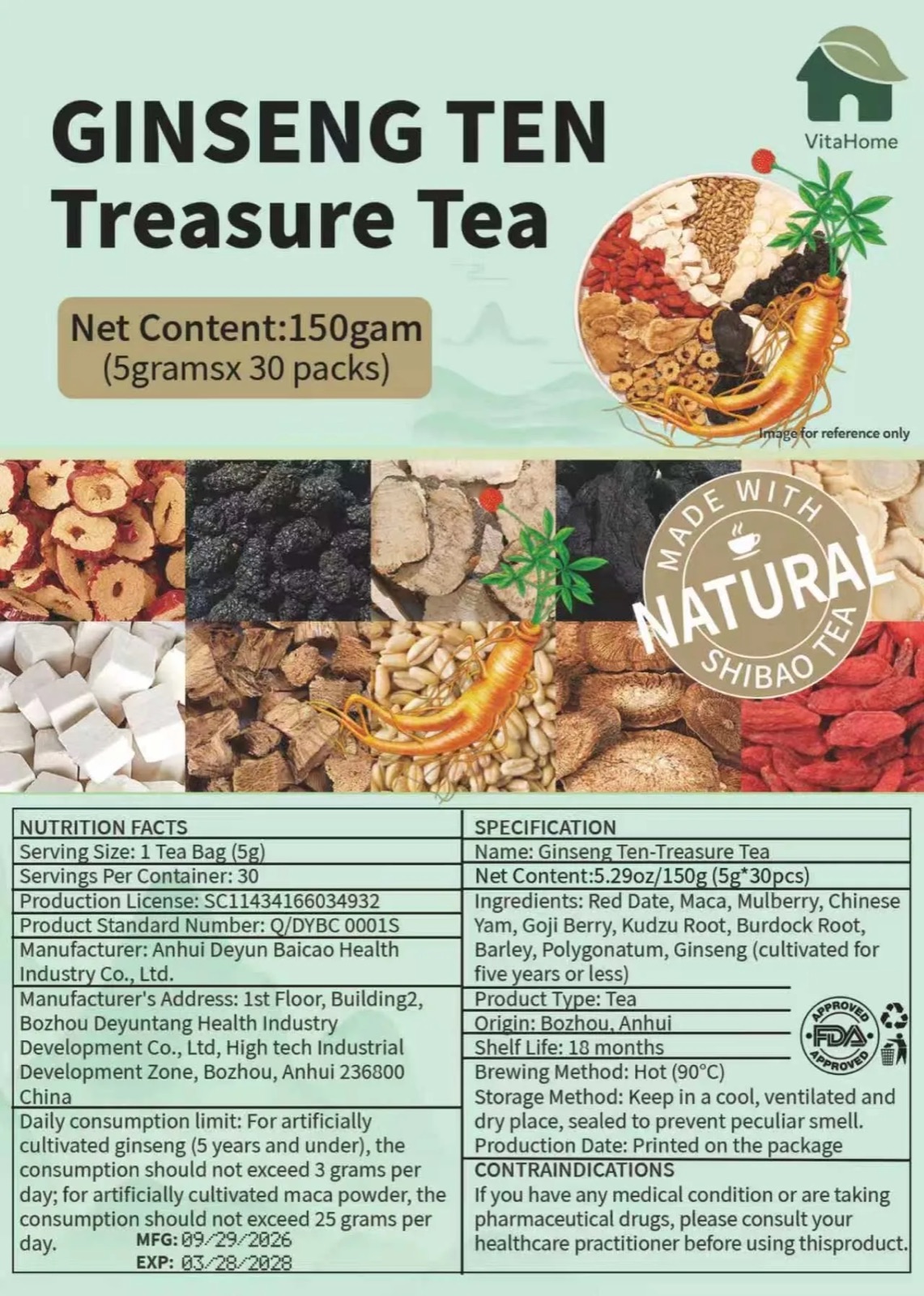 Ginseng Ten Treasure Tea pack, 150g