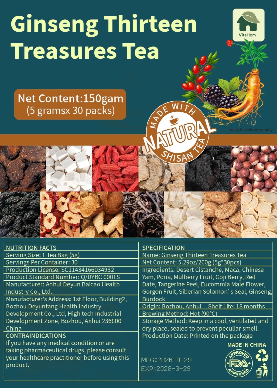 Ginseng Thirteen Treasures Tea pack, 150g